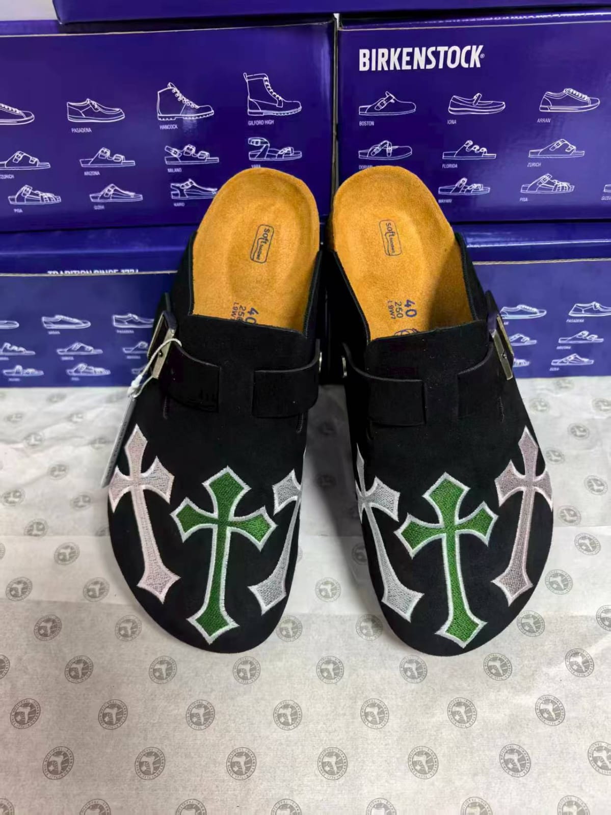 Birkenstock Boston Clog 'Chrome Hearts Custom - Black Suede Multi-Color Cross